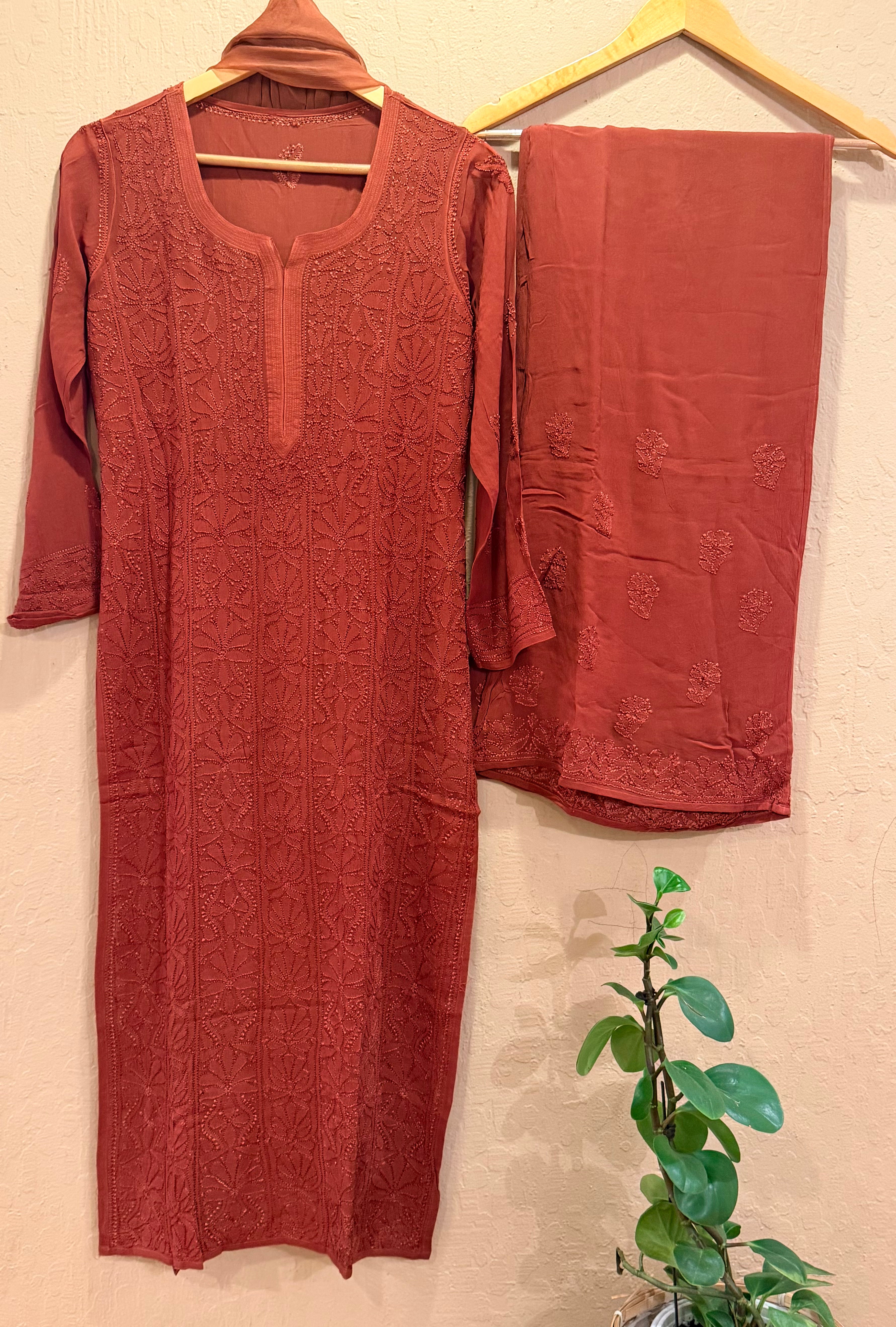 Chikankari full suit set on pure viscose fabric