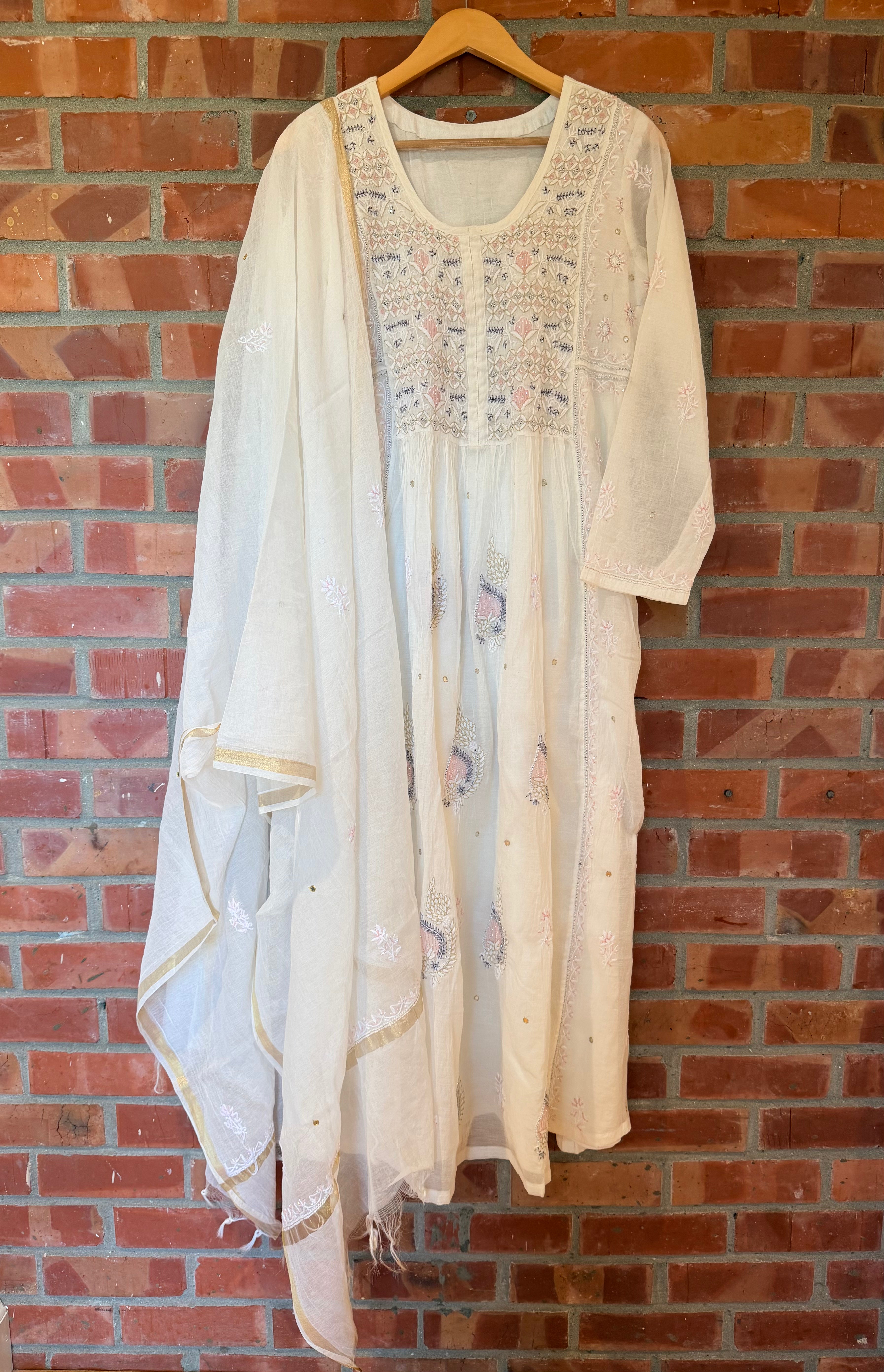 Pure Mul Chanderi Chikankari A-Line Kurta Set
